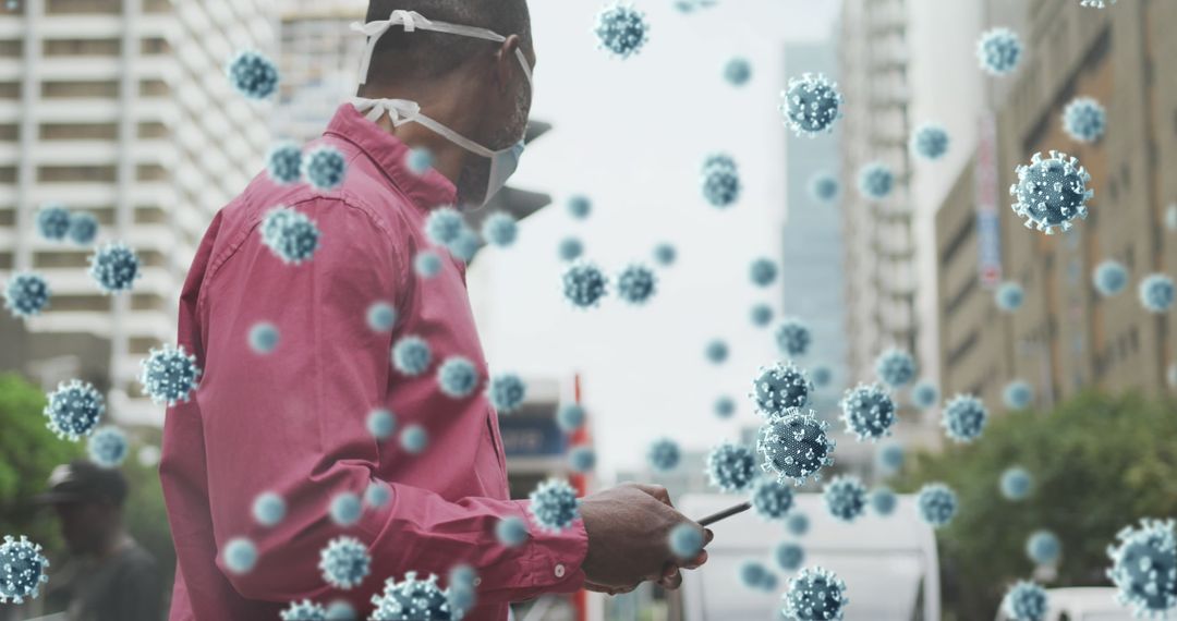 Man Wearing Face Mask Navigating Smartphone Amid COVID-19 Cells