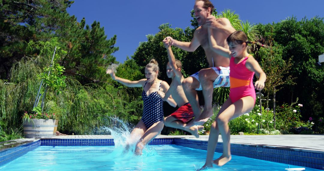 Family Jumping into Pool Together on a Sunny Day - Free Images, Stock Photos and Pictures on Pikwizard.com
