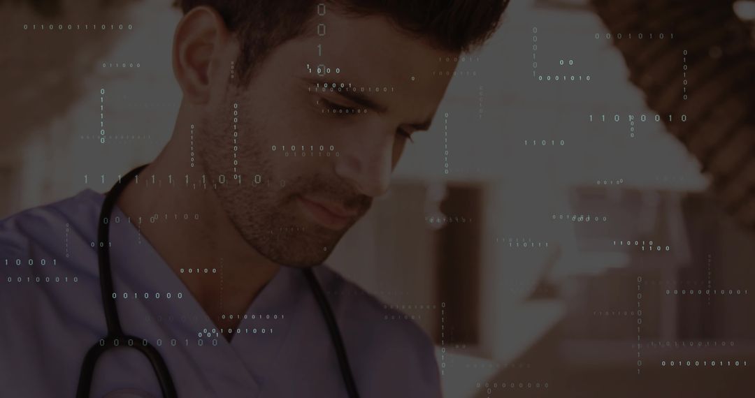 Clinician with Stethoscope and Binary Code in Telemedicine Concept