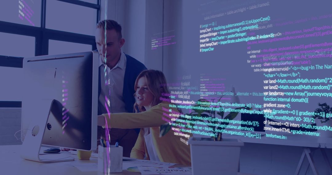 Business Team Collaborating in Office with Code Overlay