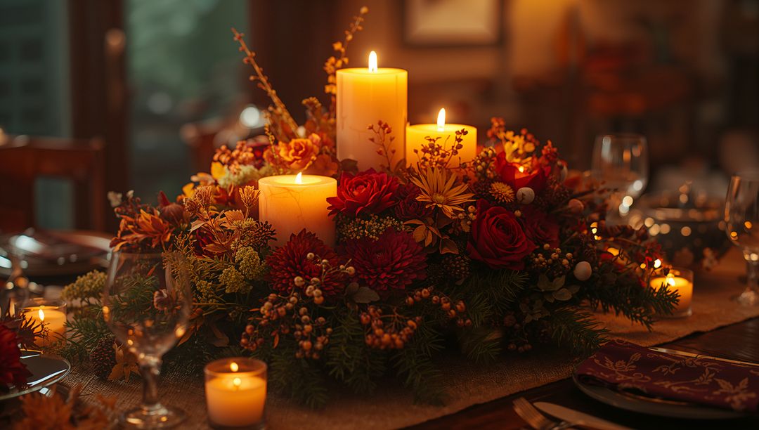 Autumn Table Decoration With Glowing Candles and Fall Flowers