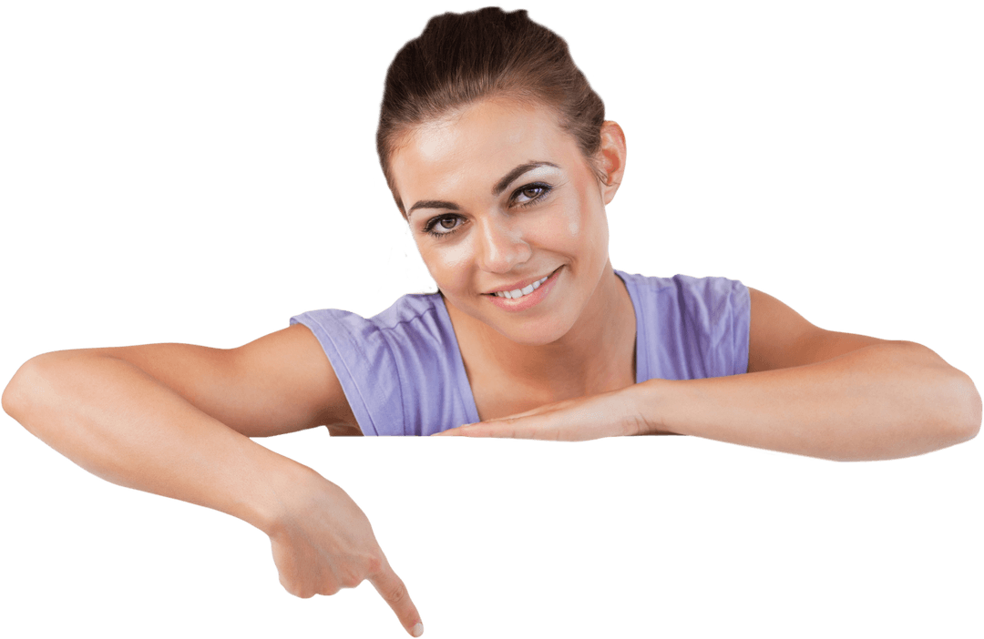 Smiling Woman with Arm Outstretched on Transparent Background
