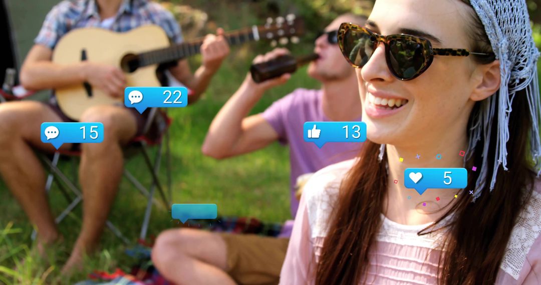 Woman Relaxing Outdoors with Social Media Notifications Overlaid