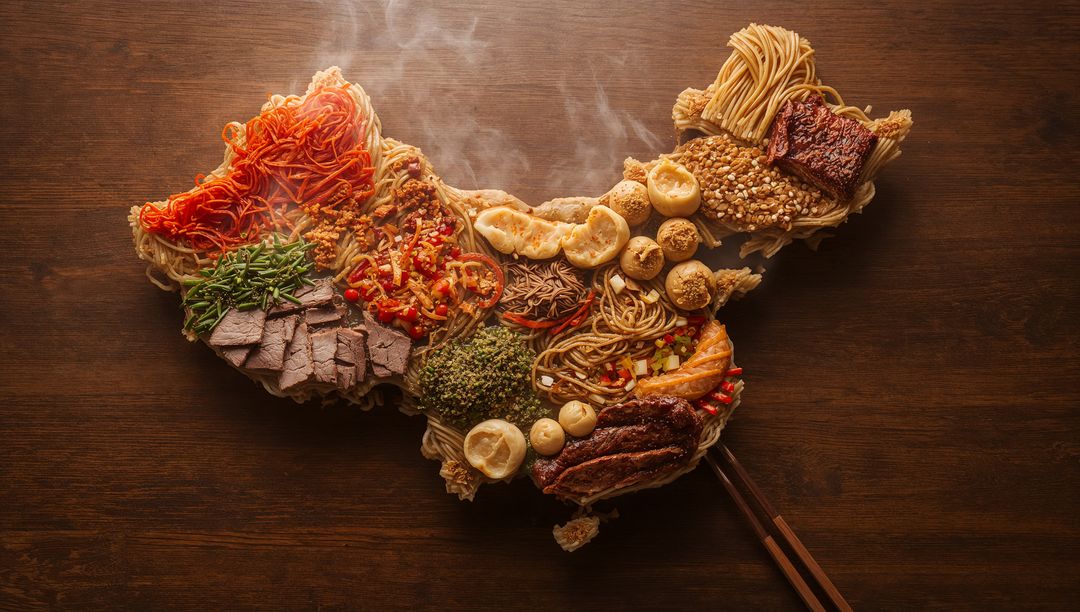 Map-shaped Traditional Asian Culinary Creation on Wooden Table