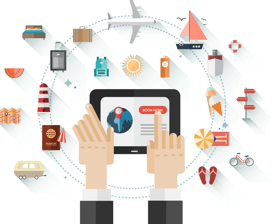 Transparent Business Icons with Hands Using Tablet Vector