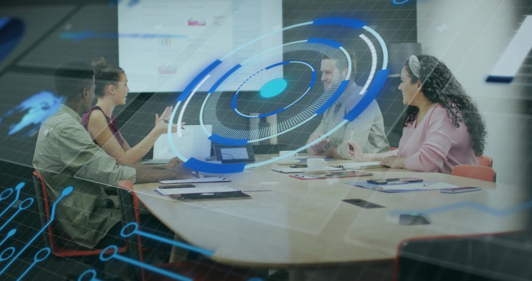 Diverse Team Collaborating with Digital Analytics in Modern Meeting Room