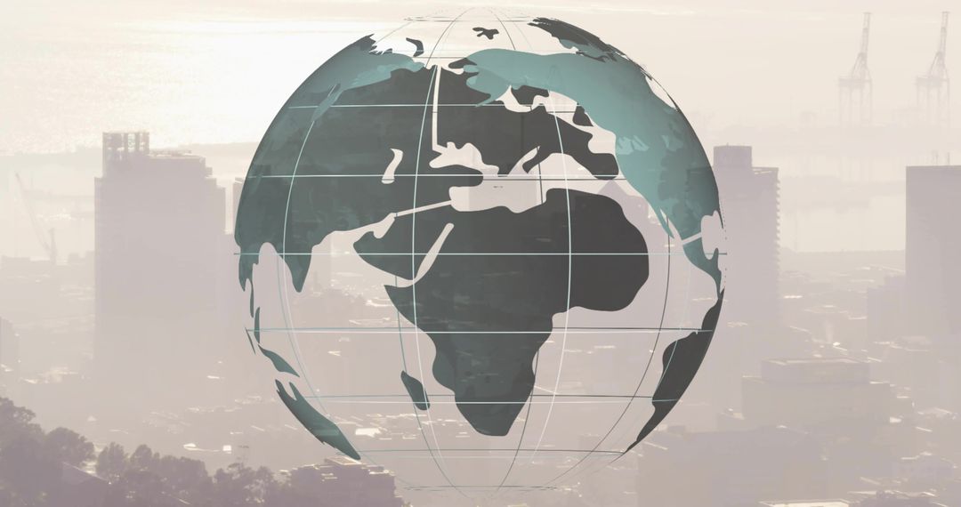 Floating 3D Globe with World Map Over Metropolitan Skyline