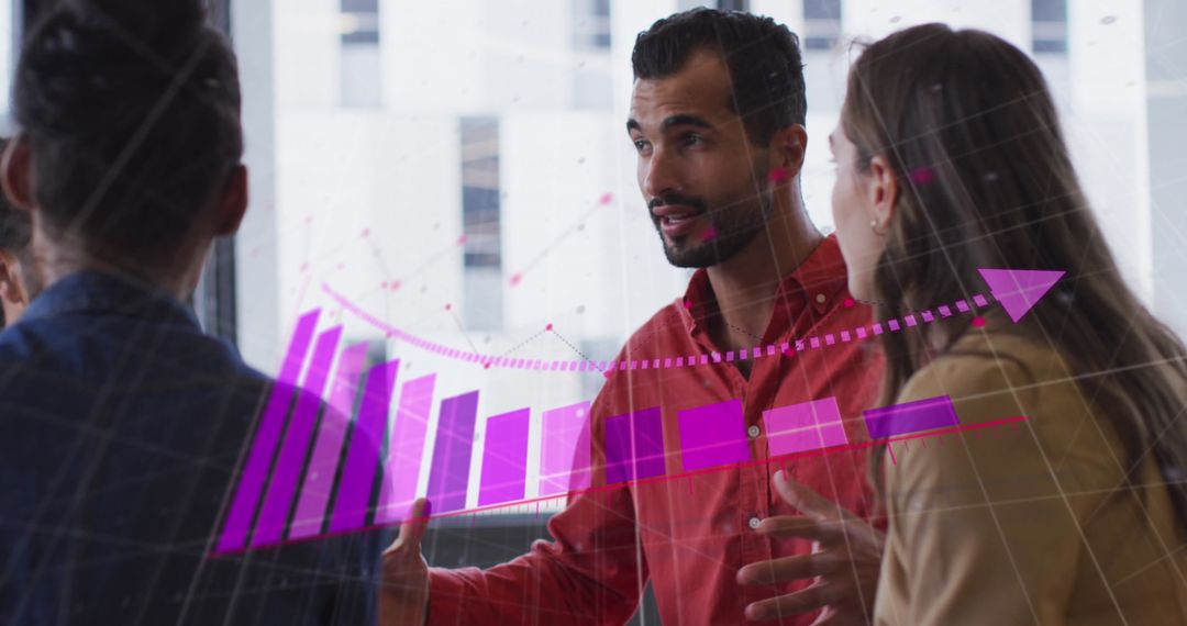 Diverse Team Discussing Business Strategy with Graph Overlay