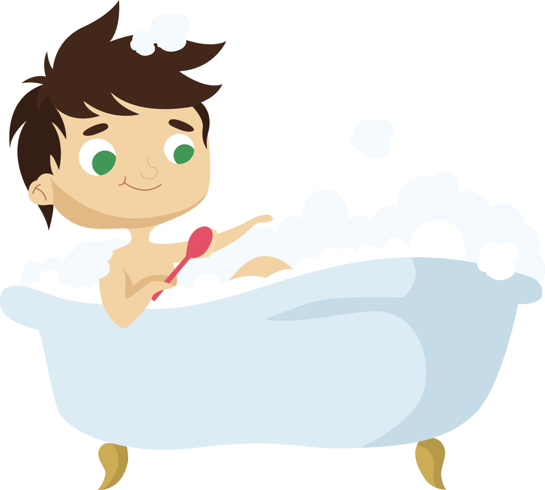 Illustration of Happy Boy in Bubble Bath on Transparent Background