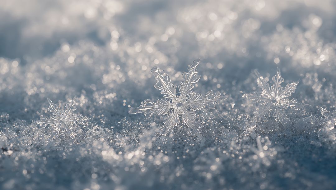 Macro snowflake crystal on frosted snow with bokeh light and delicate hexagonal arms