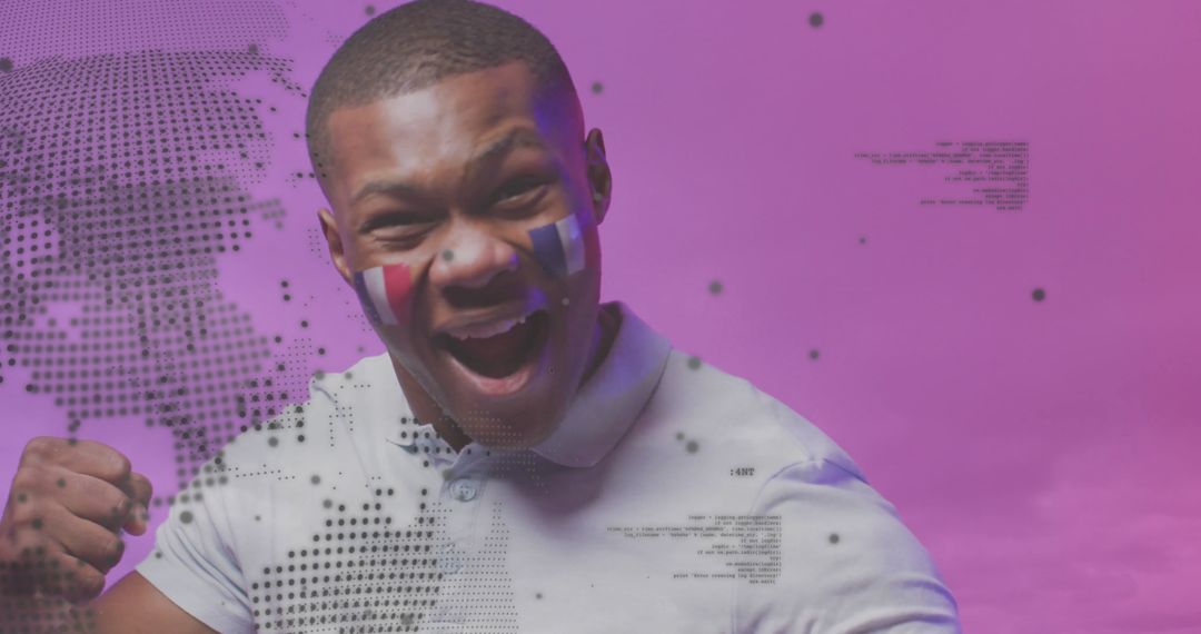 Excited Fan with French Face Paint and Digital World Map Overlay