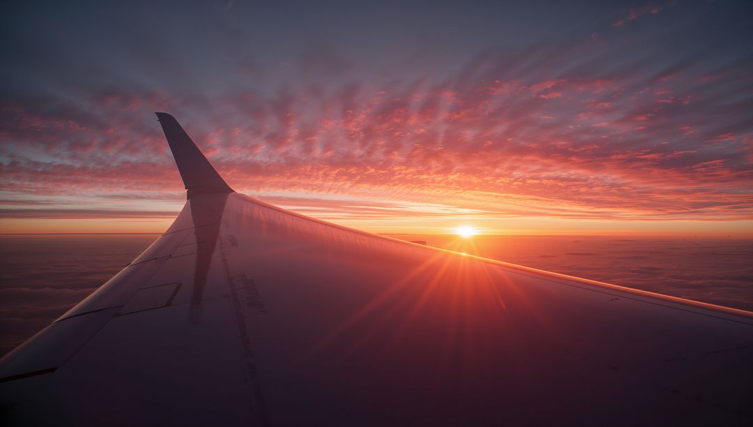 Sunset View Above Clouds from Airplane Window
