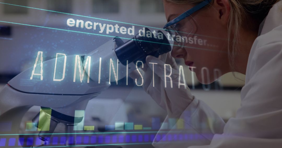 Female Scientist Using Microscope with Digital Data Overlay
