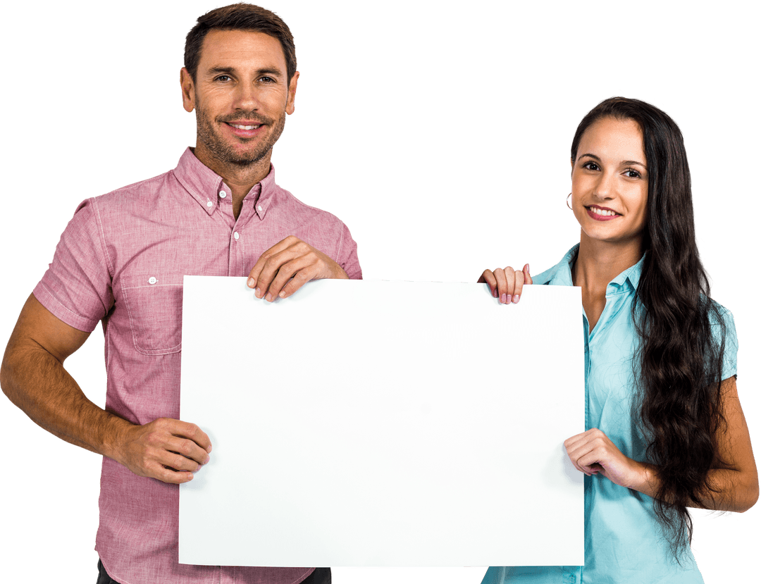 Friendly Couple Displaying Large Transparent Blank Card