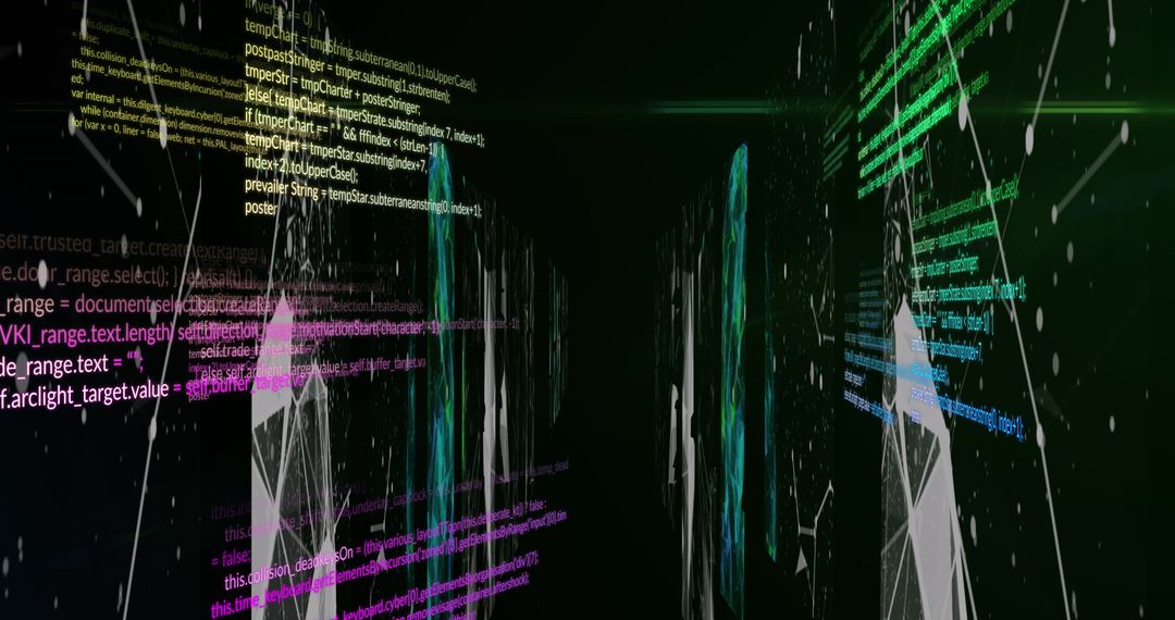 Colorful text data streams on dark digital interface display