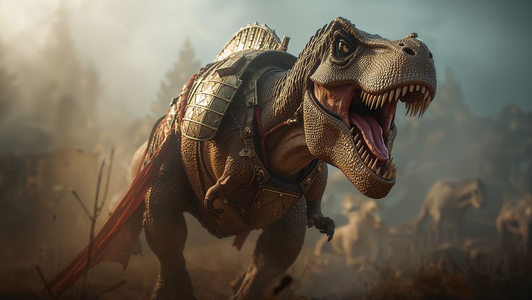 Armored T-Rex Charging through Misty Clearing