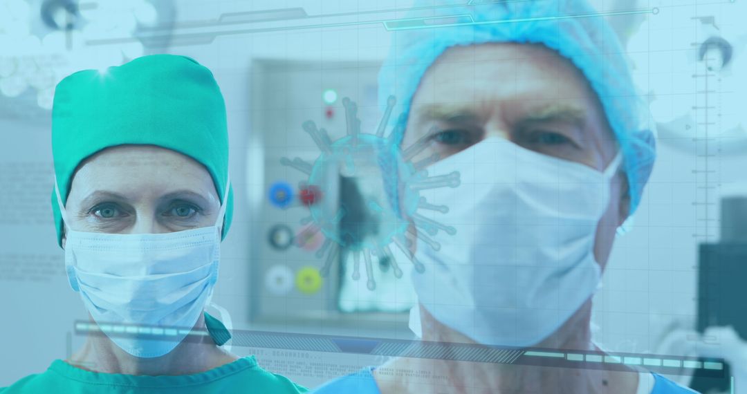 Surgeons Analyzing Digital Virus Data in Futuristic Operating Room