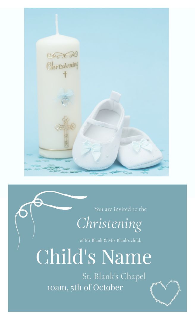 Christening Invitation Card Design with Candle and Baby Shoes