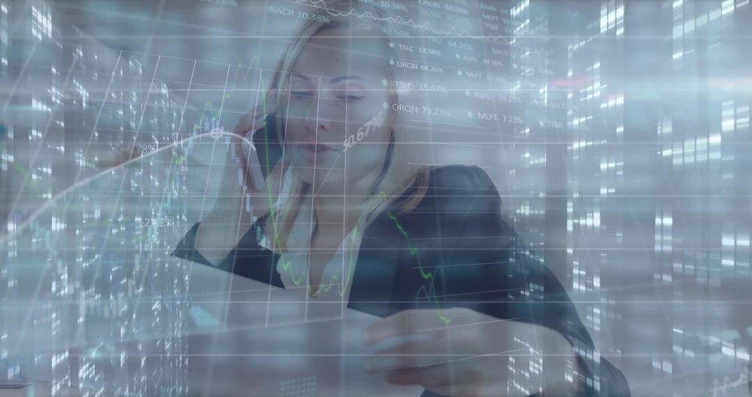 Businesswoman Analyzing Report with Financial Data Overlay