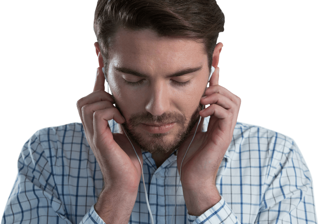 Relaxed Man with Earbuds in Transparent Background