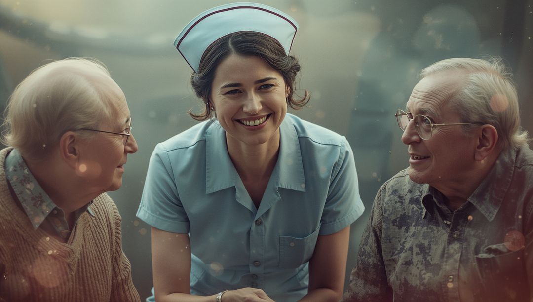 Smiling Nurse Engaging Senior Patients in Care Lounge with Bokeh Effect