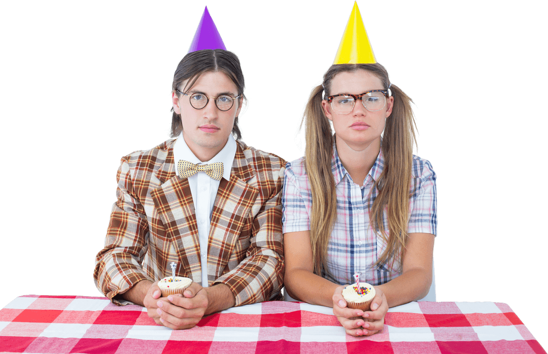 Transparent Celebration of Geeky Hipsters with Party Hats and Cupcakes