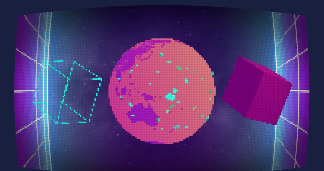 Retro Futuristic Neon Globe and Cubes in Space