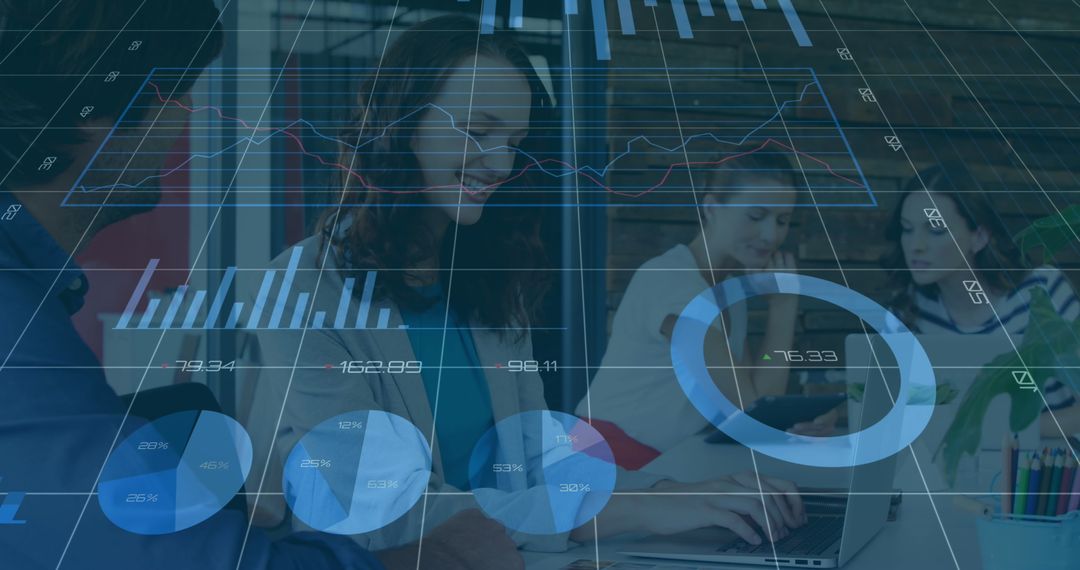 Digital Composite of Data Visualization with Diverse Coworkers in Office Setting