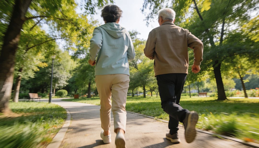 Active seniors jogging together along sunlit park path under leafy canopy