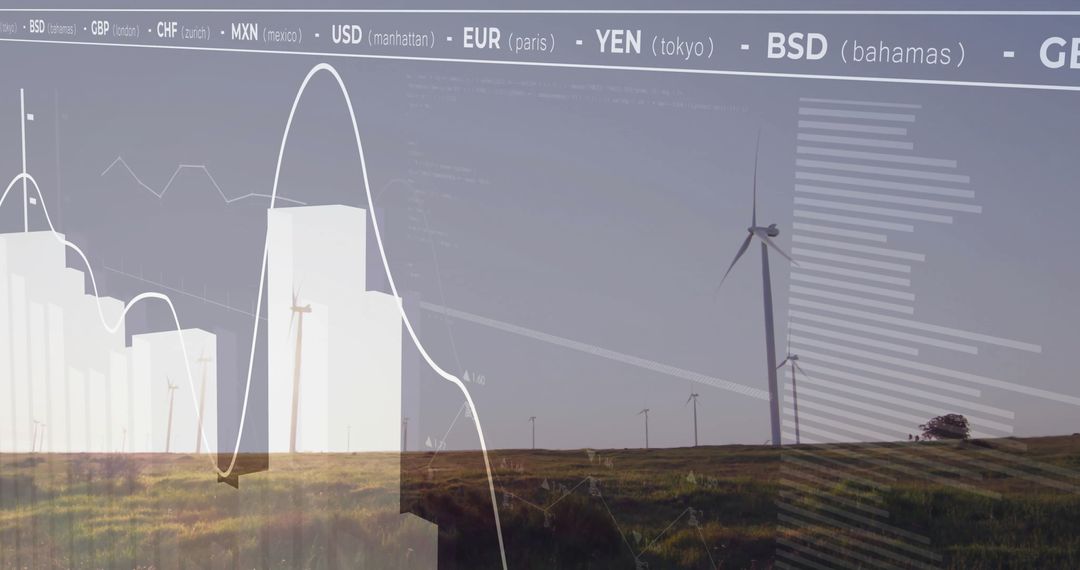 Wind Turbine Over Hills with Financial Chart Visuals