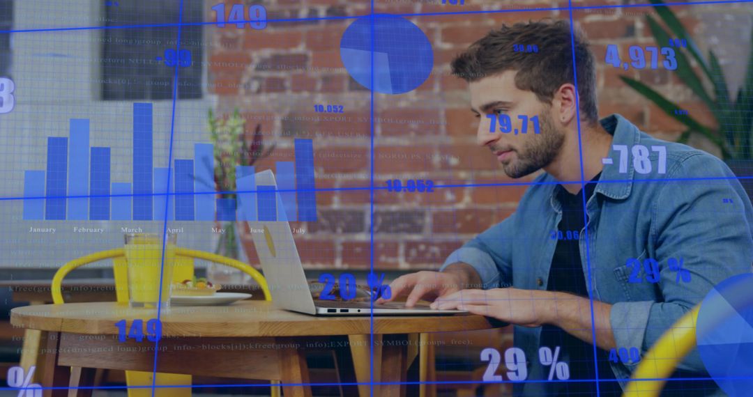 Freelancer Working on Laptop in Cafe with Blue Data Analytics Overlay and Business Charts