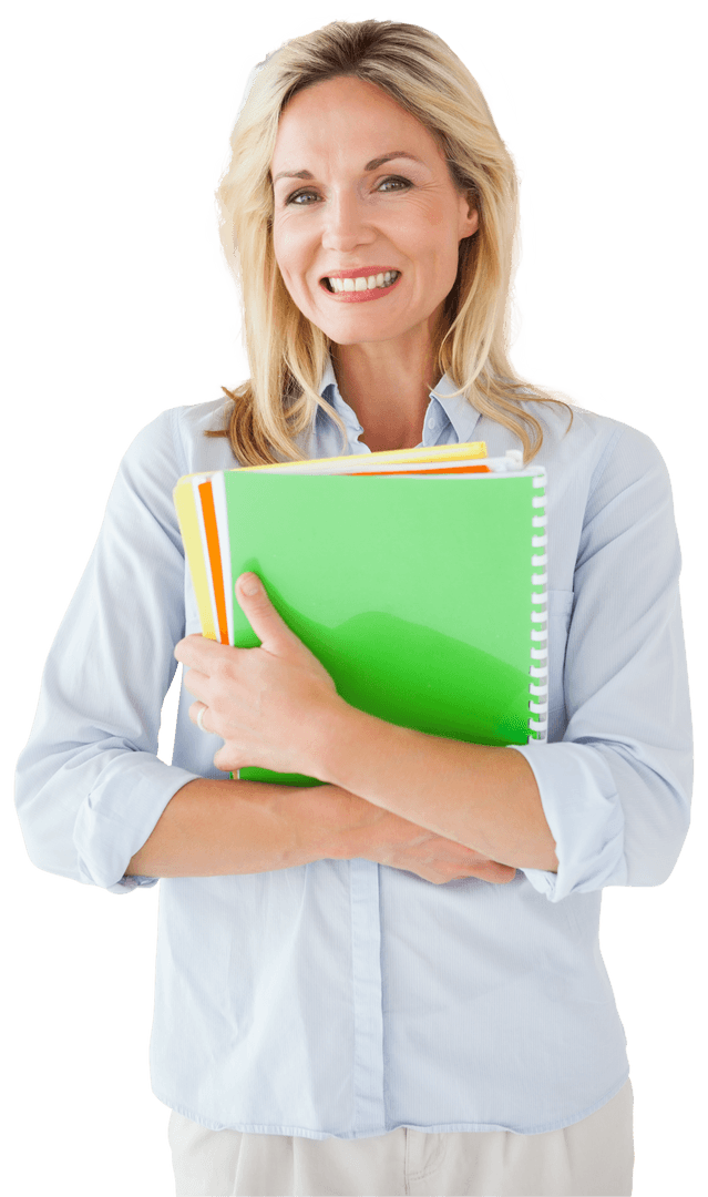 Smiling Caucasian Businesswoman Holding Notebooks Transparent Background