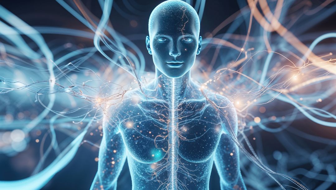 Glowing Humanoid Torso with Neural Filaments in Cybernetic Space