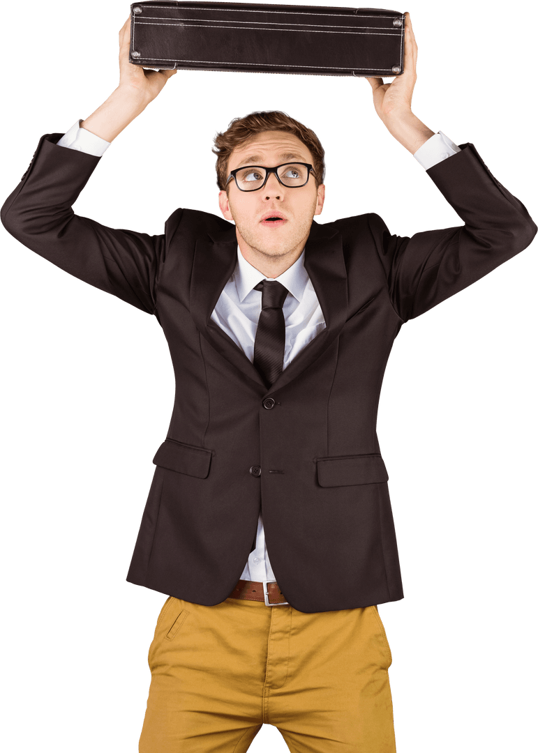 Transparent Office Worker Holding Briefcase Overhead