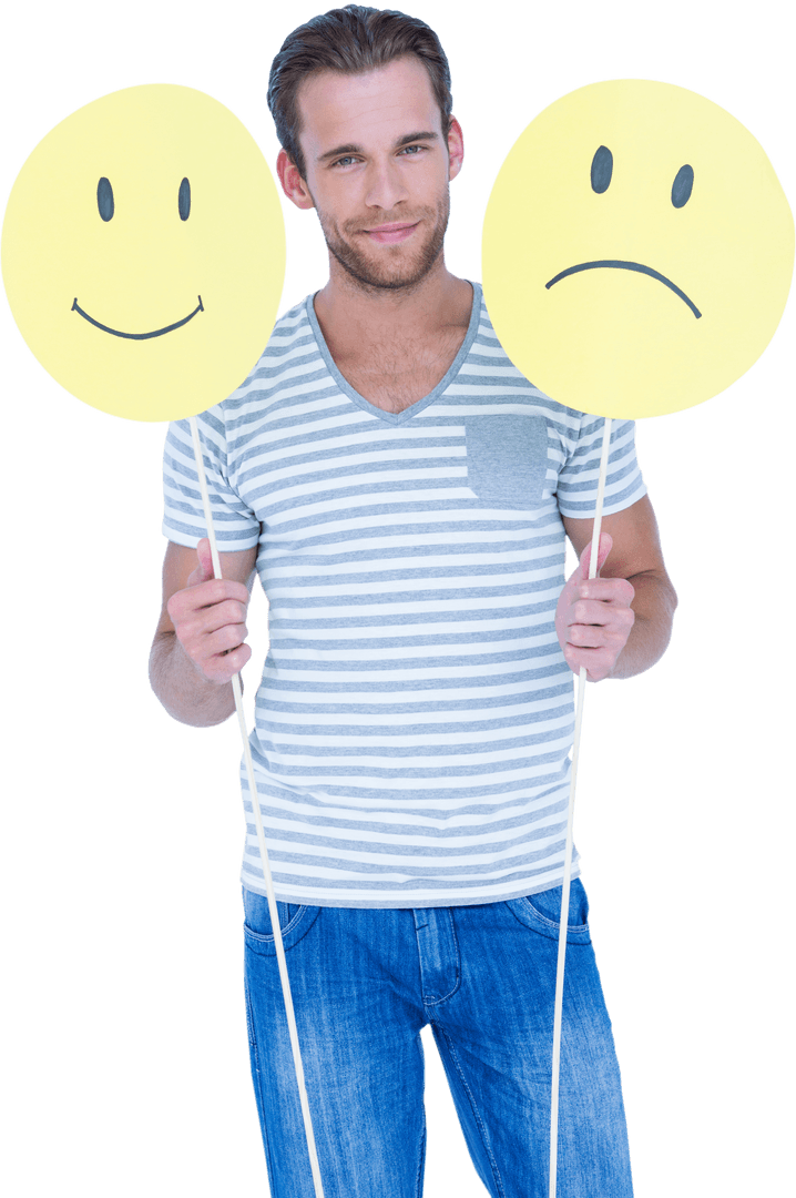 Man Diagnosing Emotions with Happy and Sad Face Signs Transparent Background