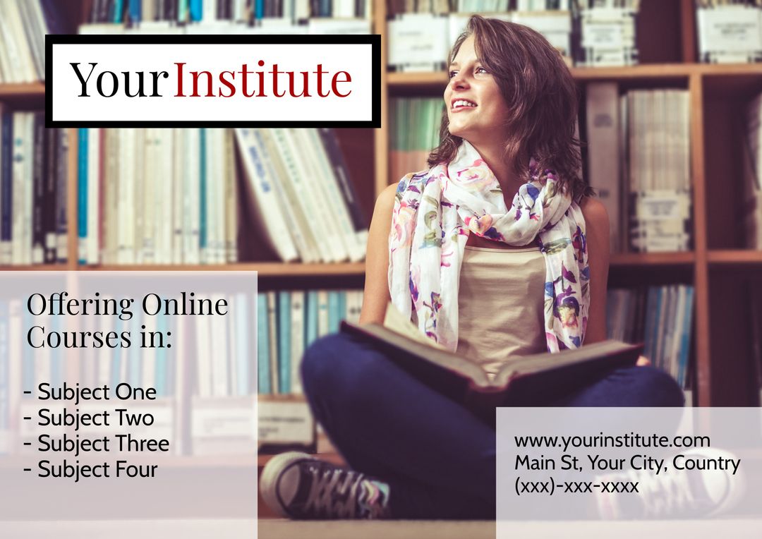 Student Studying Among Shelves Promoting Online Courses