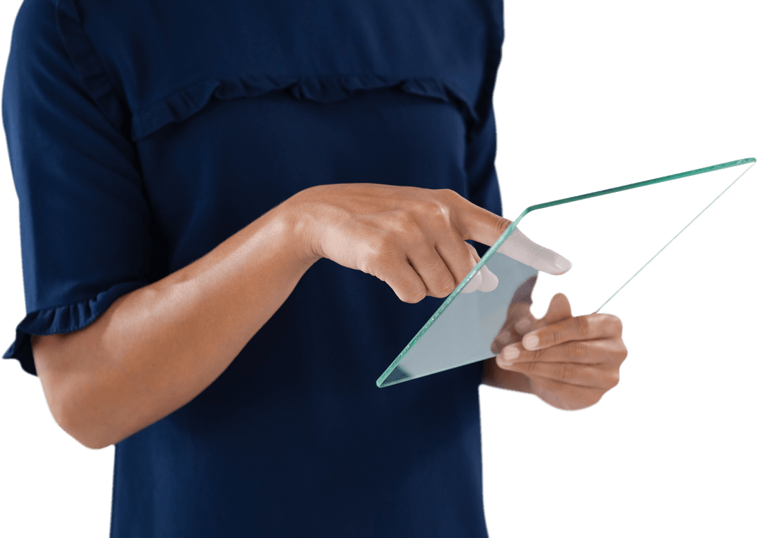 Businesswoman Navigating Transparent Digital Interface with Touch