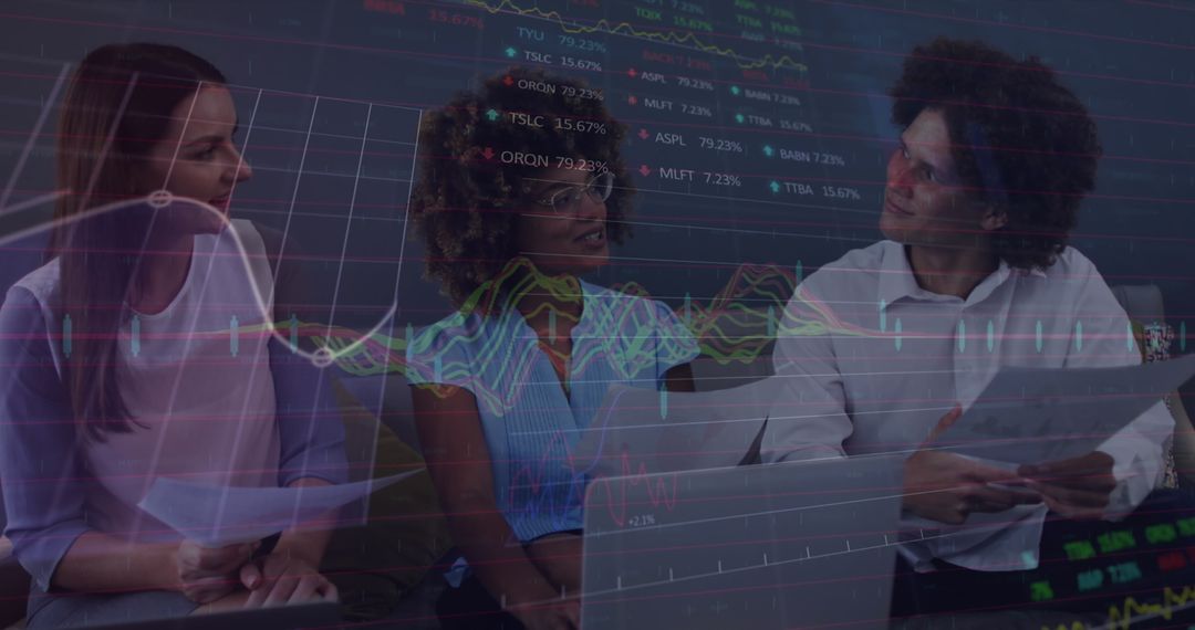 Colleagues Discussing Stock Market Data in Office Environment