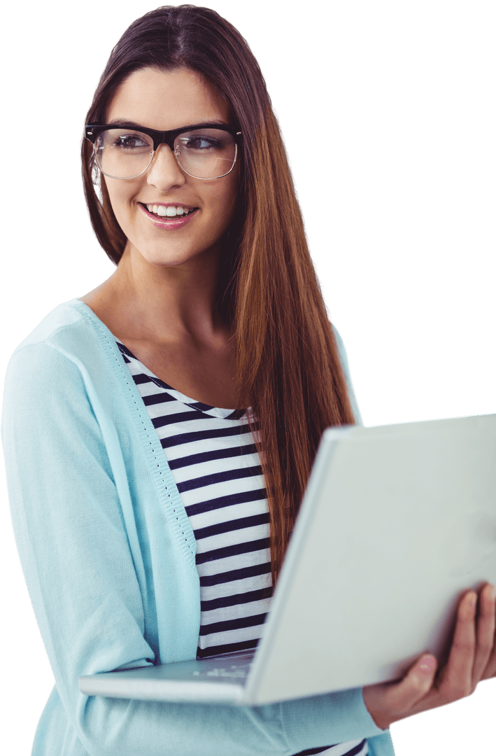 Transparent Background: Woman Using Laptop in Casual Office Setting