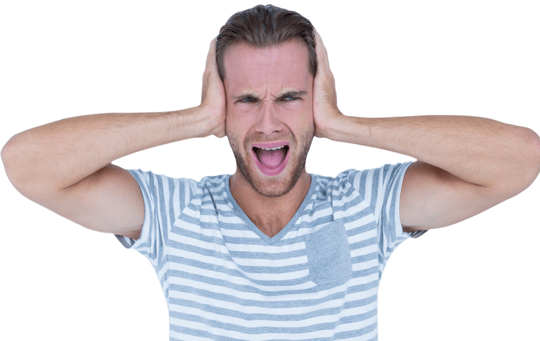 Man Screaming and Covering Ears in Stress Transparent Background