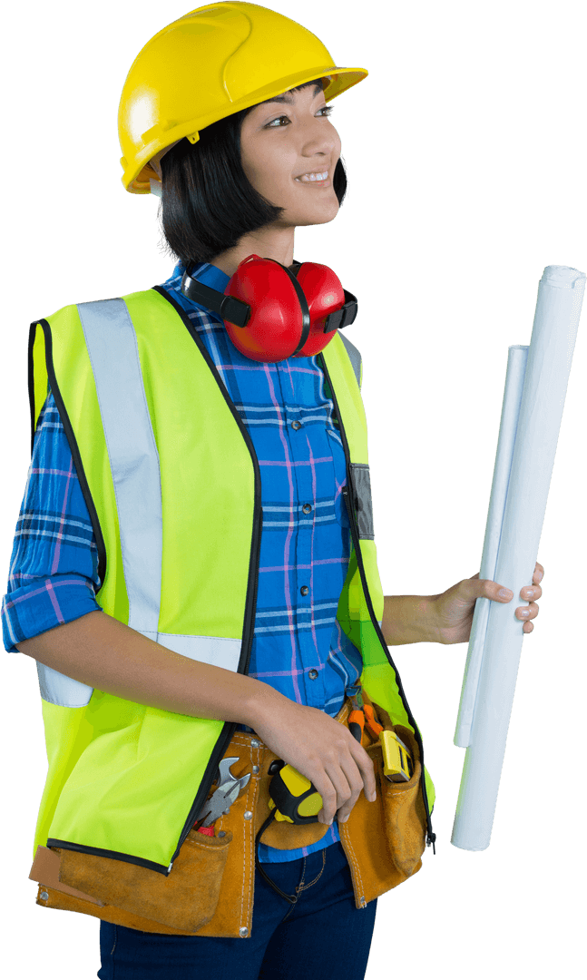 Transparent Female Architect with Blueprint Wearing Safety Gear