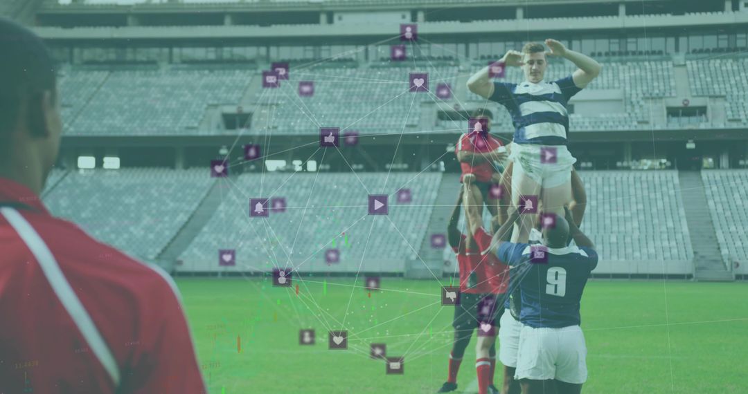 Diverse Rugby Team Strategy in Modern Stadium with Abstract Digital Web Overlay