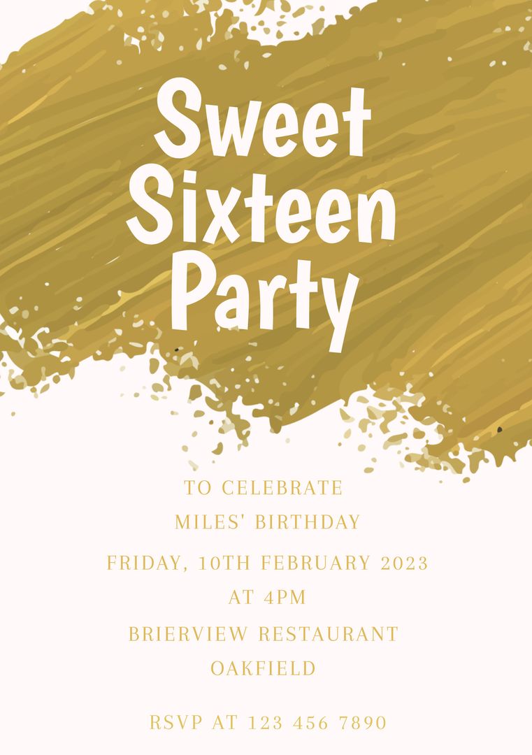 Gold Brush Stroke 'Sweet Sixteen' Birthday Party Invitation - Download Free Stock Templates Pikwizard.com