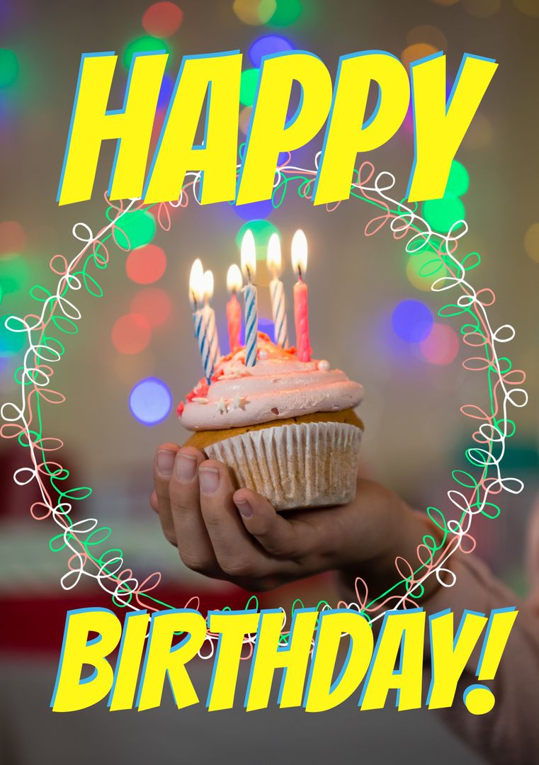 Happy Birthday Text Overlay on Hand Holding Cupcake with Lit Candles - Download Free Stock Templates Pikwizard.com