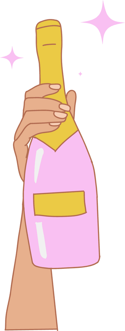 Hand Gripping Pink Champagne Bottle with Sparkles on Transparent Background