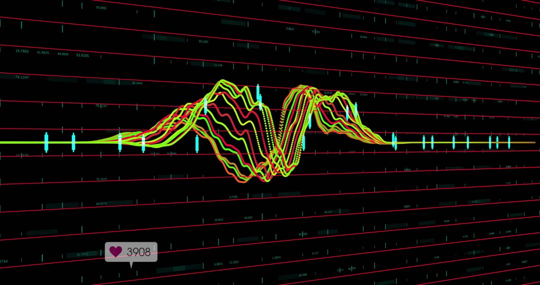 Colorful Digital Waveform with Analytical Overlay and Red Grid Lines