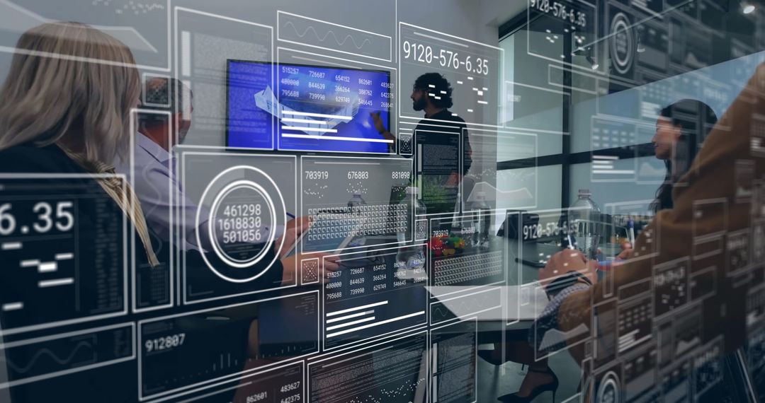 Corporate Team Analyzing Futuristic Data Displays in Modern Office