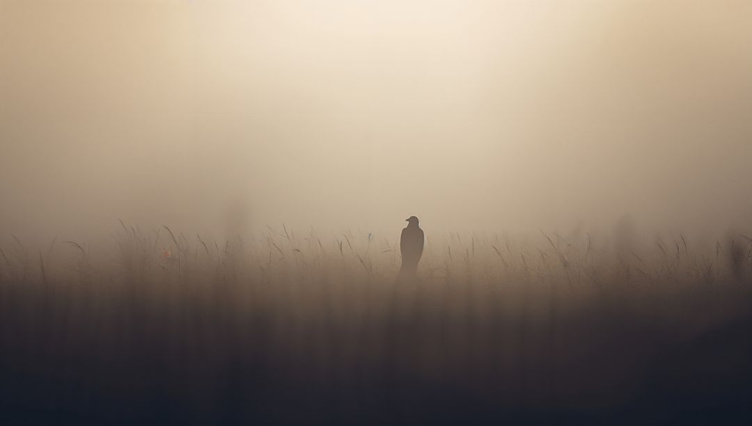 Lone Bird Silhouette in Misty Grassland at Dawn