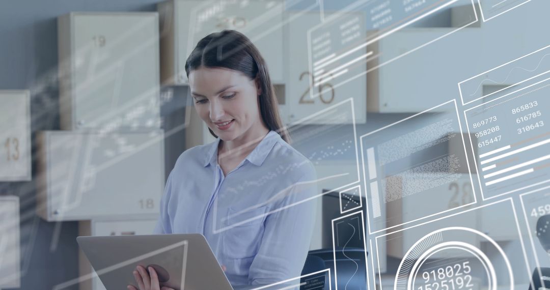 Caucasian Businesswoman Analyzing Data on Laptop in Modern Office