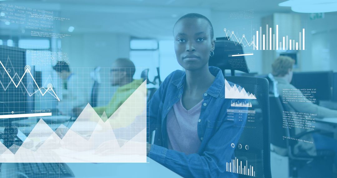 Businesswoman Analyzing Financial Data with Graphs Overlaid